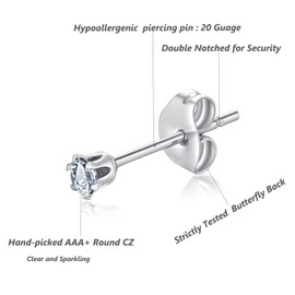 FOSIR 2-4MM Tiny Women's Stainless Steel Round Clear Cubic Zirconia Stud Earrings(10 Pairs)