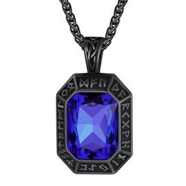 ChainsHouse Rune Necklace for Men Women Stainless Steel Necklace with Onyx/Ruby/Emerald/Sapphire Stone Viking Rune Pendant Protection Amulet Fashion Jewellery for Men Women, Stainless Steel, Sapphire