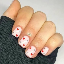 24Pcs Valentines Day Press on Nails Short Square Fake Nails Pink Acrylic Nails Full Cover Glue on Nails with Rhinestones Designs Artificial Reusable Red Heart False Nails for Women Girls Acrylic Nails