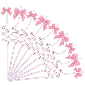 24 Pcs Pink Bow Straws Reusable Plastic Glitter Spiral Drinking Straw for Girls Pink Birthday Pretty Bachelorette Decorations Wedding Baby Shower Tableware