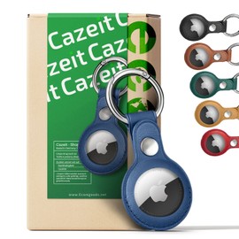 Cazeit® AirTag Leather Pendant Protective Case Vegan + Free Carabiner Ultra Light AirTag Case Key Ring Simple Design & Durable Sustainable Hand Packed in Germany [Blue]