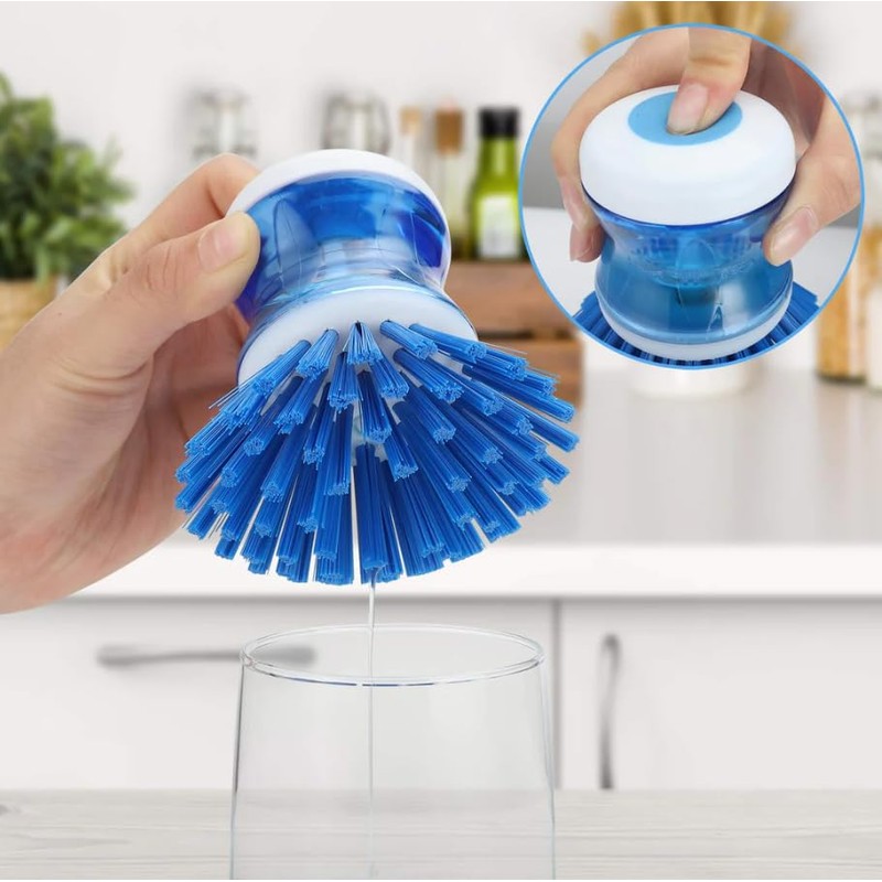 Dish Brush with Soap Dispenser, Blue, 3 Pieces, for Dishes,