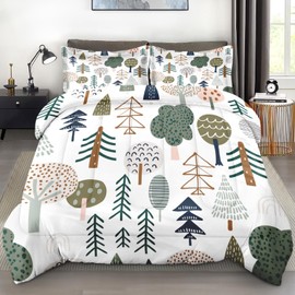 Pamnest Comforter Set Full Size, Woodland Tree Wood 3 Pcs Soft Bedding Set for Kids and Adults, Plant Pine Green Comforter Set with 2 Pillowcases, for Bedroom Bed Decor