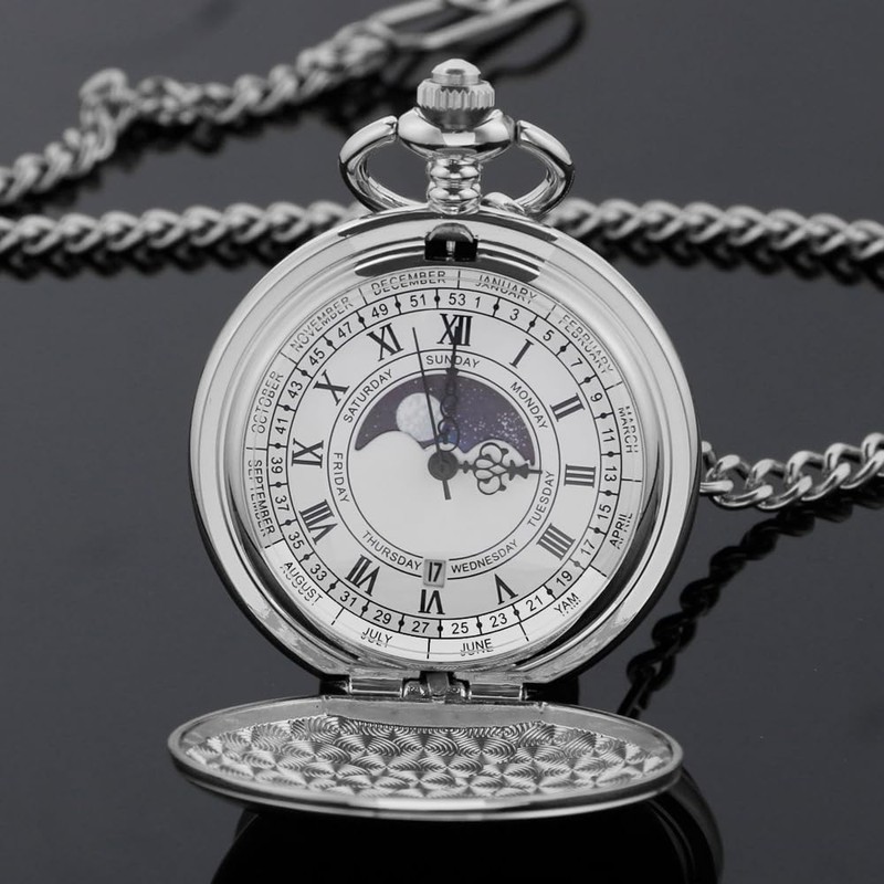 Alwesam Smooth Pocket Watch Moon Phase Calendar Roman Numerals Scale