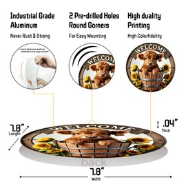 Welcome Sunflowers Highland Cow Metal Sign Round Wall Decor for Home Garden Coffee Bar Wall Decor Gifts 8 In (2528)