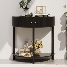Trironsun Fluted Half Moon Console Table 2 Tier Narrow Entryway Table with Storage for Small Space Modern Wood Sofa Table with Doors and Gold Knobs Boho Home Decor