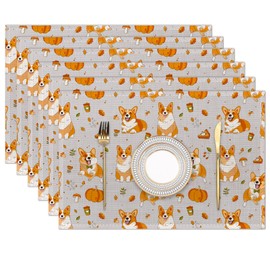 Cute Corgi Dog Autumn Placemats Set of 6 Place Mats for Kitchen Table Washable Farmhouse Linen Table Mats Dining Decoration 12x18 Inch