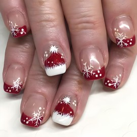 BFY Snowflake Press on Nails Short Square Winter Christmas Fake Nails, Red White French Xmas Hat Acrylic Nails Stick Glue on Nails, Shiny Nude False Nails Kits Winter Xmas New Year Accessories 24 Pcs