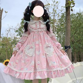 Teen Girls Sweet Lolita Princess Dress Cute Anime Bunny Print Long Sleeve Cosplay Costume Gothic Kawaii Party Dresses (Small, Pink)