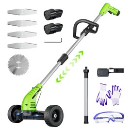 Electric Weed Wacker: Cordless Weed Trimmer with 2 * 2.0Ah Li-Ion Battery Powered & 4 Cutting Blade Types, Wheel Trimmer Lightweight Ajustable Pole &Back-Friendly Compact Power Tool for Lawn Yard Work