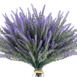 AWARDSEN 15 Bundles Artificial Lavender Outdoor Flowers Fake Plastic Purple Flower Outside UV Resistant for Home Kitchen Wedding Indoor Outdoor Decor