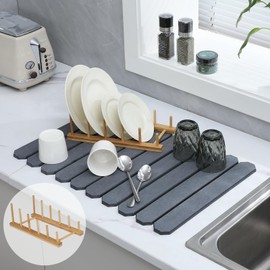 Stone Drying Mat for Kitchen Counter, Quick Drying Stone Dish Drying Mat, Diatomaceous Earth Drying Mat for Kitchen Counter, Dish Drying Mat Foldable , Quick Drying Stone Mat (Grey, 24"×16")