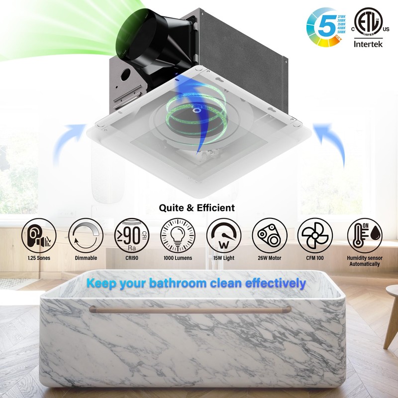 JULLISON Bathroom Fan with Light and Humidity Sensor: 26W Ceiling