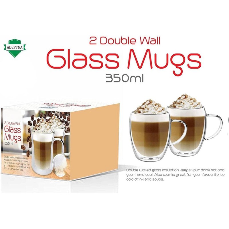 ADEPTNA Finest Large Pack of 2 Double Wall Glass Mugs