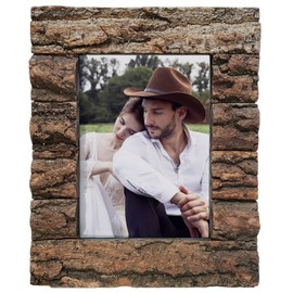 IKEREE 5x7 Rustic Farmhouse Distressed Picture Frame Made of Solid Wood and Real Bark for Table Top Display and Wall Mounting