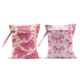 2Pcs Pink Bow Wet Bags 12x10 Inch, Heart Waterproof Travel Laundry Bags, Washable Reusable Wet Dry Bag for Swimsuit Pool Beach Diapers Dirty Yoga Gym Clothes, Pink Gifts for Women Friend Travelers