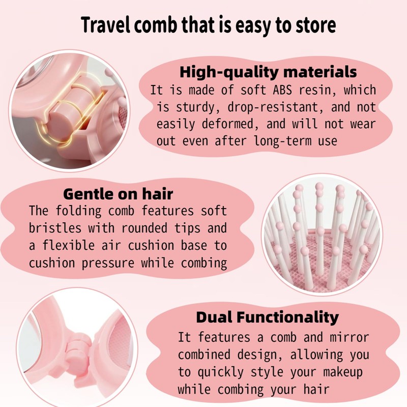 2 Pack Foldable Travel Hair Brush with Mirror, Compact Mini