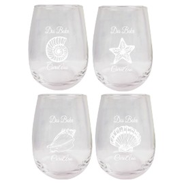 R and R Imports Dos Boka Curaçao Souvenir 9 Ounce Laser Engraved Stemless Wine Glass Shell Designs 4-Pack