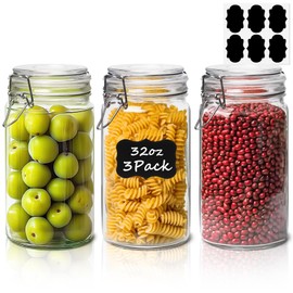 ComSaf Glass Jars with Airtight Lid Set of 3, Mason Jars 32 oz, Pickling Jar, Canning Jar 32oz, 32 oz Glass Containers with Lids for Kitchen, Pickle, Flour, Cereal, Pasta, Sugar, Herb