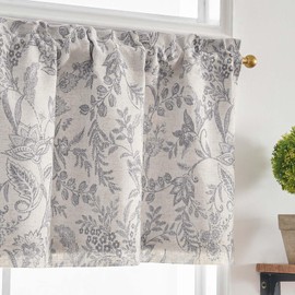 Lazzzy - Cortinas de lino con estampado floral gris de 16 pulgadas de largo, cortinas con pestaña trasera para sala de estar o recámara, cortinas semitransparentes estilo rústico clásico, juego de 2