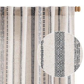 jinchan Linen Blend Boho Curtains for Living Room, 96 Inch Long Black Printed on Beige Retro Farmhouse Bohemian Geometric Striped Drapes, Light Filtering Back Tab Curtains 2 Panels