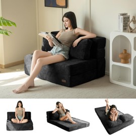 MAXYOYO Convertible Sofa Bed, Fold Out Loveseat Sleeper Sofa with Pillow, 3 in 1 Tufted Folding Couch Bed Foam Floor Couch, Lazy Chair for Living Room Bedroom Guest Room, Black