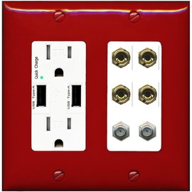 RiteAV 4 Port Banana 2 Speaker Binding Post 2 Coax Wall Plate - USB Outlet [Red/White]