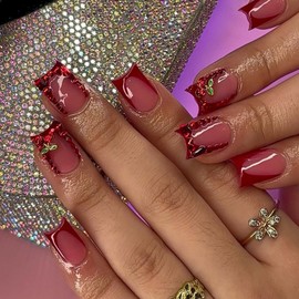 24Pcs Red Square Press on Nails Short Fake Nails with Glue Glitter French Tip False Nails with Rhinestone, 3D Cherry Design Handmade Acrylic Nails Press ons Cute Reusable Stick on Nails for Women