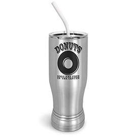 PixiDoodle Food Lovers Fat Free Donut Pilsner Tumbler with Spill-Resistant Slider Lid and Silicone Straw (14 oz Pilsner, Silver)