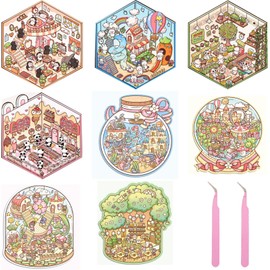 8 PCS 3D House Stickers, 3D Sticker Scene, 3D Stickers, Fun DIY Stacking Scene Stickers, DIY 3D Sticker Scene Stickers, Cartoon Miniature House Landscaping Stickers, Stickers Scene