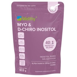 Wellthy Myo & D-Chiro Inositol 615g 150 Porciones. Mezcla Óptima 40:1, 4000mg Myo y 100mg D-Chiro, 100% Natural, Gluten Free, Sugar Free, Vegan, Botll