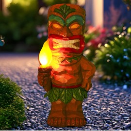 WONDHOME Solar Tiki Garden Statues Outdoor Tiki Torches with Flickering Flame Lights Hawaiian Tiki Bar Party Decorations for Outside Patio Yard Porch Lawn Home Ornament Christmas Gardening Gifts
