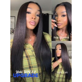 Nadula Light Yaki Straight Glueless Drawstring Wig human Hair, Pre Cut 7x5 HD Bye Bye Knots Lace Front Wigs Pre Plucked Invisible Knots Ready to Wear Kinky Straight Wig 150% Density 16inch