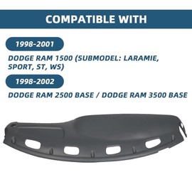 ECOTRIC Dash Cover Overlay Compatible with 1998-2002 Dodge Ram 1500 2500 3500 Trucks Gray Dashboard Dash Cap Pad Bezel Molded Protector
