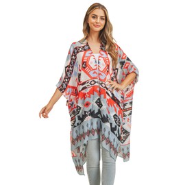 Bohemian Kimono Long Cardigan - Beachwear Bathing Swimsuit Bikini Cover Kaftan Abstract (Kimono Cardigan - Aztec Dusky Blue)