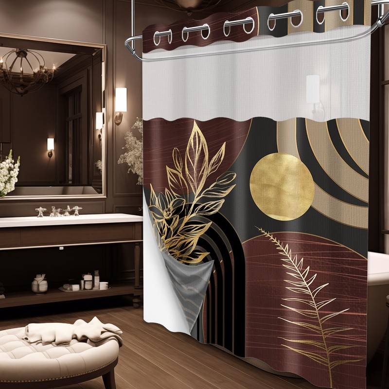 DLTAY Dark Brown and Black Hookless Shower Curtain with Snap