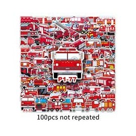 Pack of 100 Fire Engine Stickers for Bicycle, Fridge, Laptop, Luggage, Bumper, Car, Motorcycle, Waterproof Vinyl Cartoon Fire Brigade Stickers, Adults, Boys, Gift, Kawaii Aesthetic Graffiti Sticker