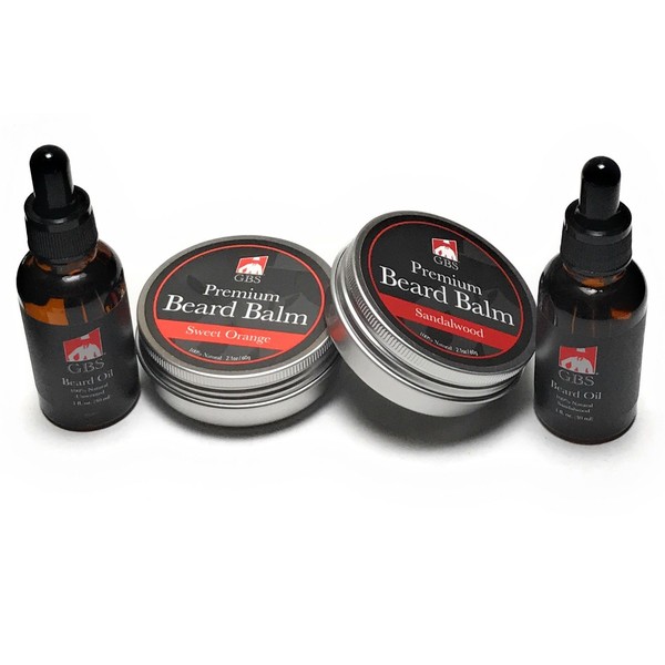 G.B.S Beard Taming Variety Set- 1 Sandalwood Beard Balm, 1 Sweet Orange Beard Balm, 1 Sandalwood Beard Oil and 1 Unscented Beard Oil, Pack of 4