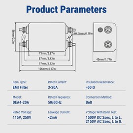 Uadme EMI Filter, DEA4-20A Mains Filter, EMI Performance Filter, 115V 250V 20A 50/60Hz 2-Pin Single-Phase Filter, Effective Filtering of Noise and Interference Signals in the Power Supply