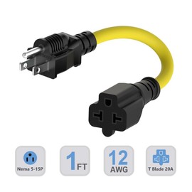 1-FT 15 Amp Household AC Plug to 20 Amp T Blade Adapter Cable 12AWG Nema 5-15P to 5-20R,5-15P to 6-15R/20R 20-Amp to 15-Amp Plug-Adapter Cord,Heavy Duty 15A 125V to 20A 250V Extension-Cord