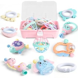 Sonajero Masticar Set, Mordedera para Bebe Juguetes, Mordedera para Bebe de BPA, Juguetes Educativos para Niños Que Estimulan La Mente y Las Manos de Los Más Pequeños (Caja de regalo 1R（11pcs）)