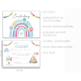 Children's Birthday Invitations Rainbow - Pack of 20 A6 with Colourful Rainbow Motif - Made from Recycled Card