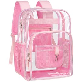 PACKISM Pink Clear Backpack - 17 inch Large Backpacks for School Girls, Heavy Duty Clear Bookbag for Students, Transparent PVC See Through Backpack for College Work, Light Pink (for age 12 above)