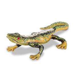 Jere Luxury Giftware Bejeweled Rocky Rain Forest Lizard, Pewter With Enamel Collectible Trinket Box with Matching Pendant Necklace