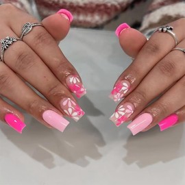 BABALAL Acrylic Press on Nails Short Square Fake Nails Hot Pink Glue on Flower Summer False Nails 24Pcs Squoval Manicure Stick on Coquette Artificial for Women and Girls