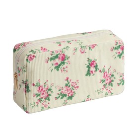 Makeup Bag for Purse Small Cosmetics Bag Corduroy Cute Cosmetic Pouch for Women (Large Pink Flowers)