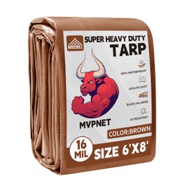 Tarp 6x8 ft Super Heavy Duty 16mil 100% Waterproof,Uv Resistant,High Durability Multipurpose Brown Tarp Suitable for Courtyards, Cars, Camping, Gardens, Pet Nests -by MVPNET