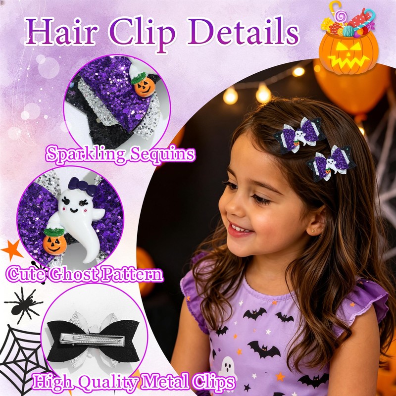 Halloween Pumpkin Hair Clips Ghost Hair Bows Sequin Hair Barrettes