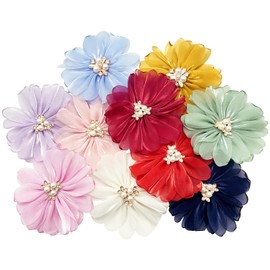 10pcs Glossy Chiffon Fabric Flowers Appliques 3.5" Flat Back Shiny for Party Wedding Decor Tassel Topper Decoration Gift Wrapping Clothing Hair Accessories DIY Craft
