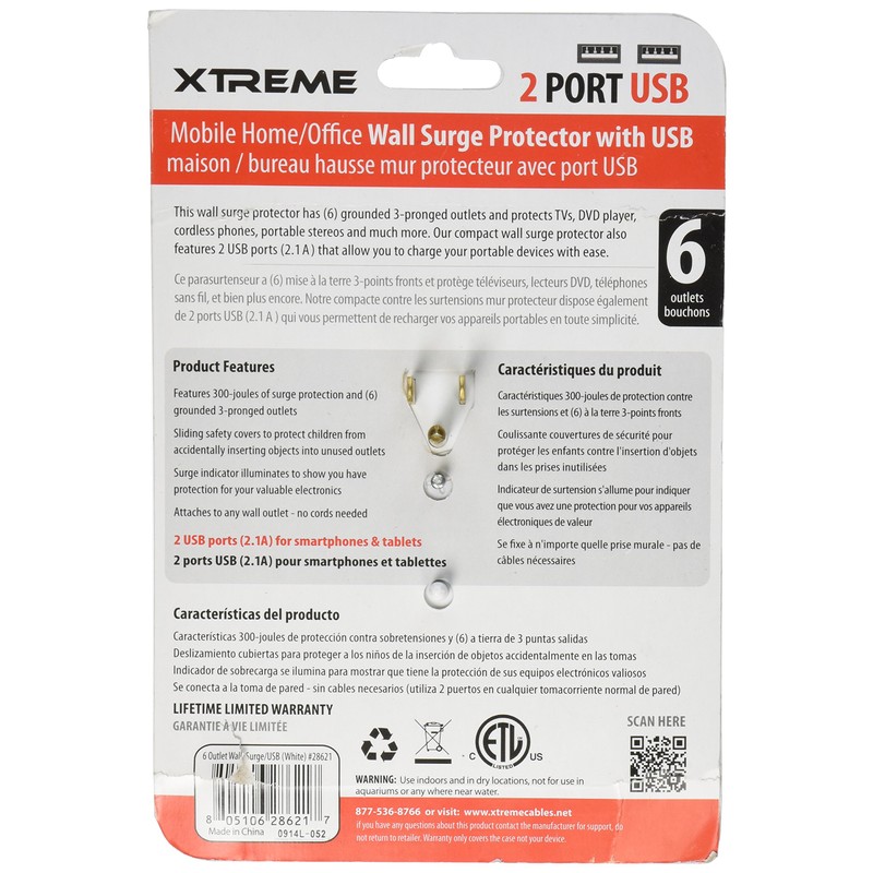 Xtreme 28621 6-Outlet Wall Tap with 2 USB Ports